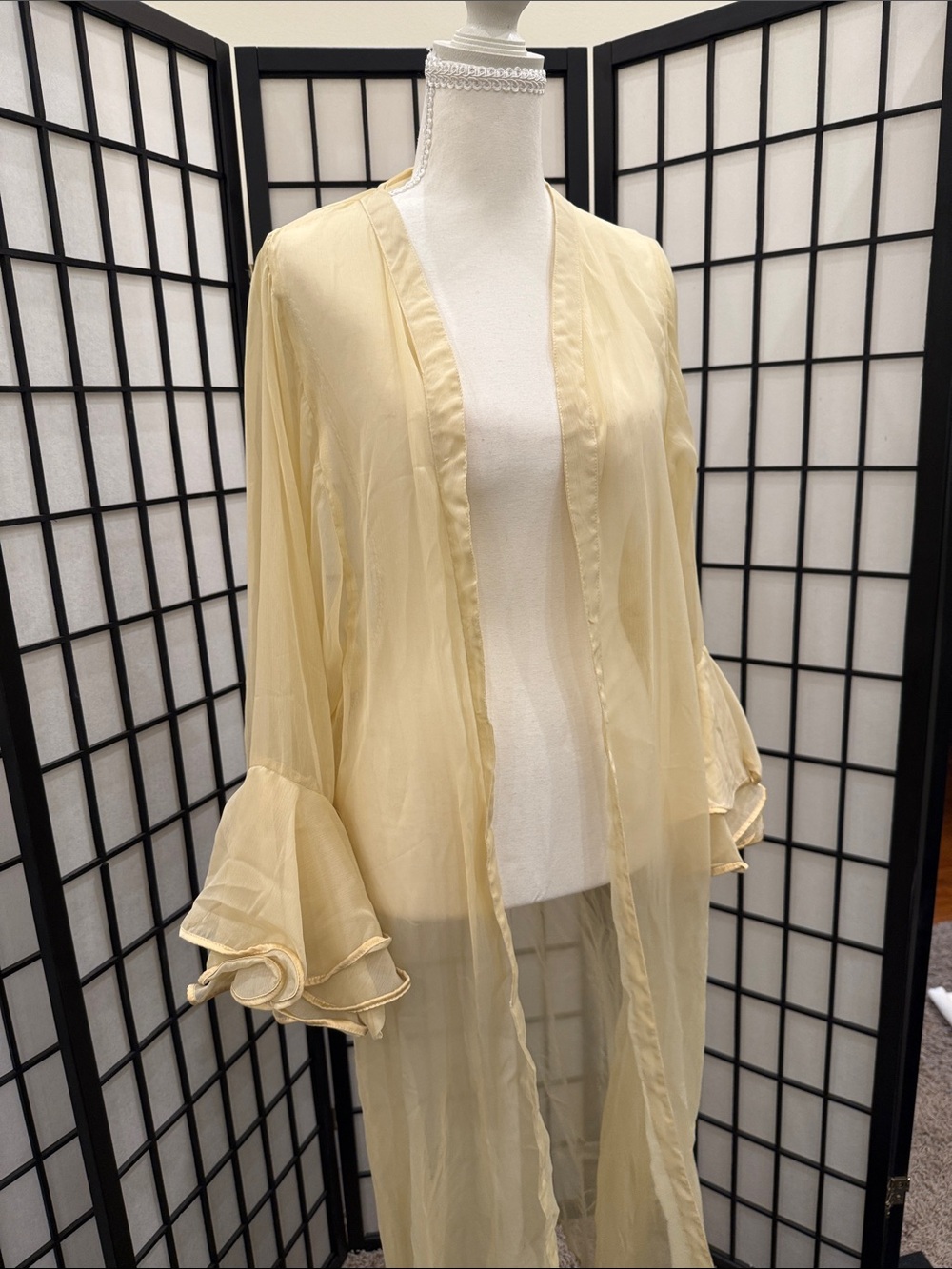 VENUS Sheer Cream Long Kimono Robe with Ruffled Bell Sleeves